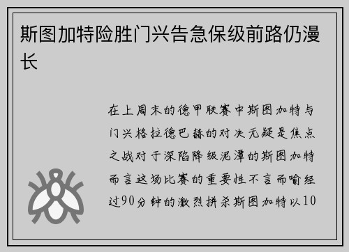 斯图加特险胜门兴告急保级前路仍漫长