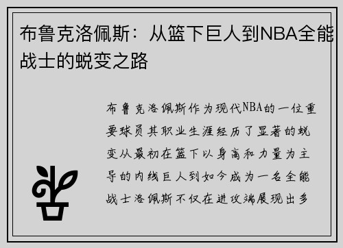 布鲁克洛佩斯：从篮下巨人到NBA全能战士的蜕变之路